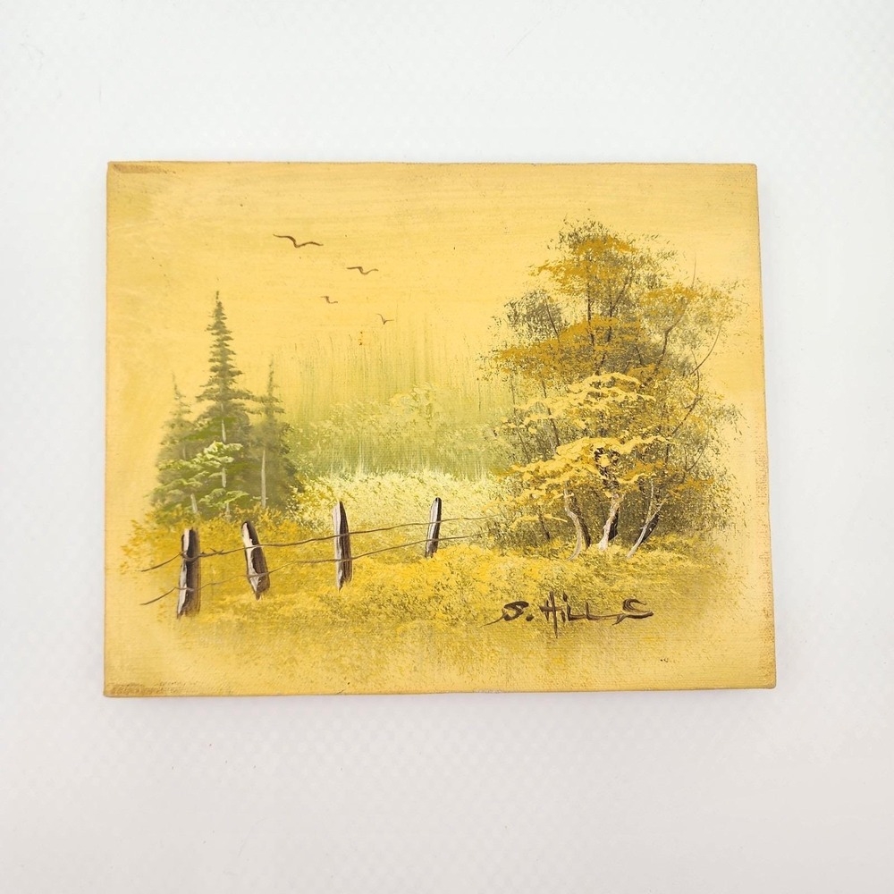 Vintage S Hills Signed Oil Painting Original Autumn Landscape Trees Wooden Fence